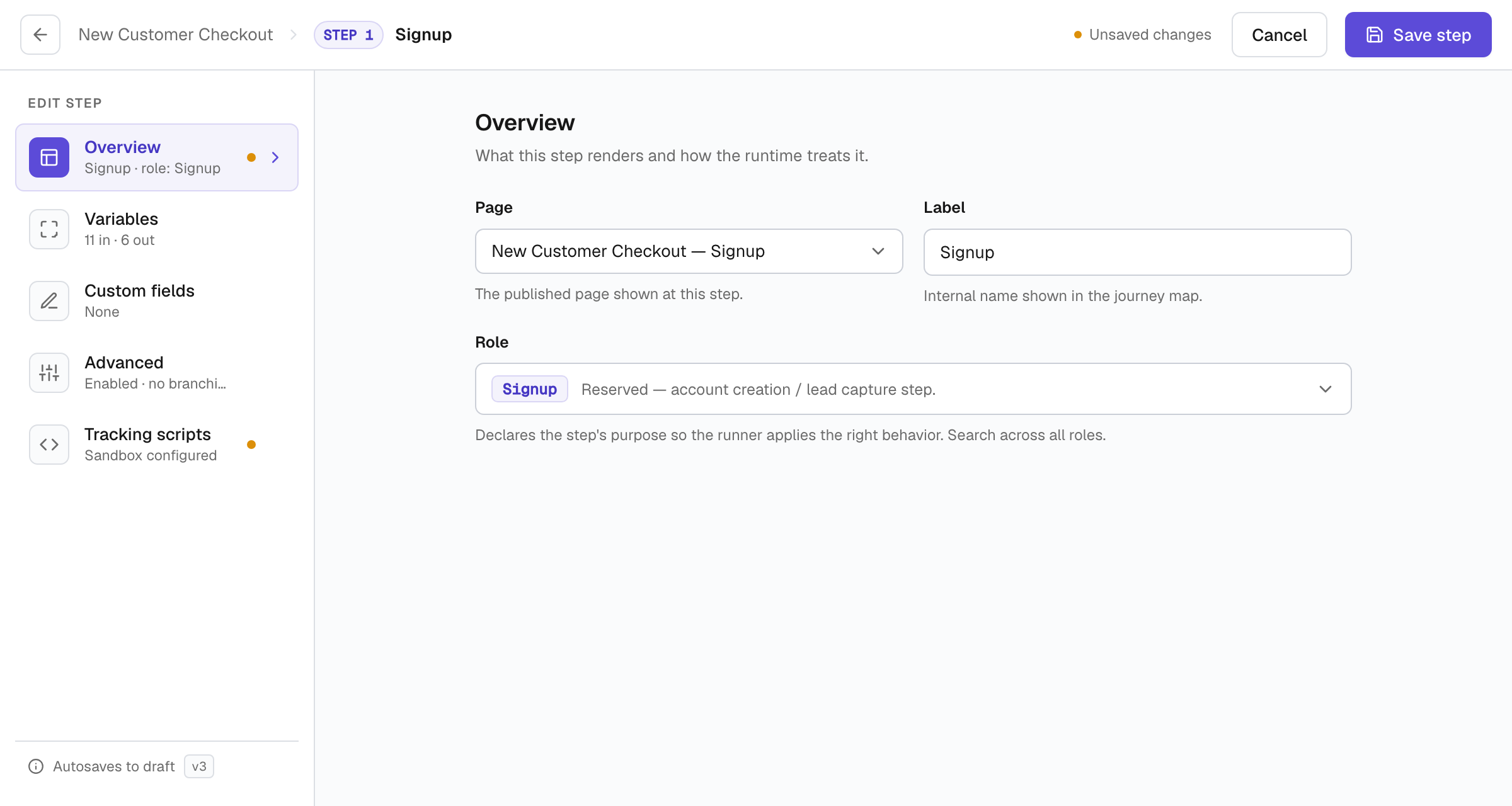 The journey step editor: a left rail lists the Overview, Variables, Custom fields, Advanced, and Tracking scripts sections, each with a short summary; the Overview pane on the right sets the step's page, label, and a searchable role picker