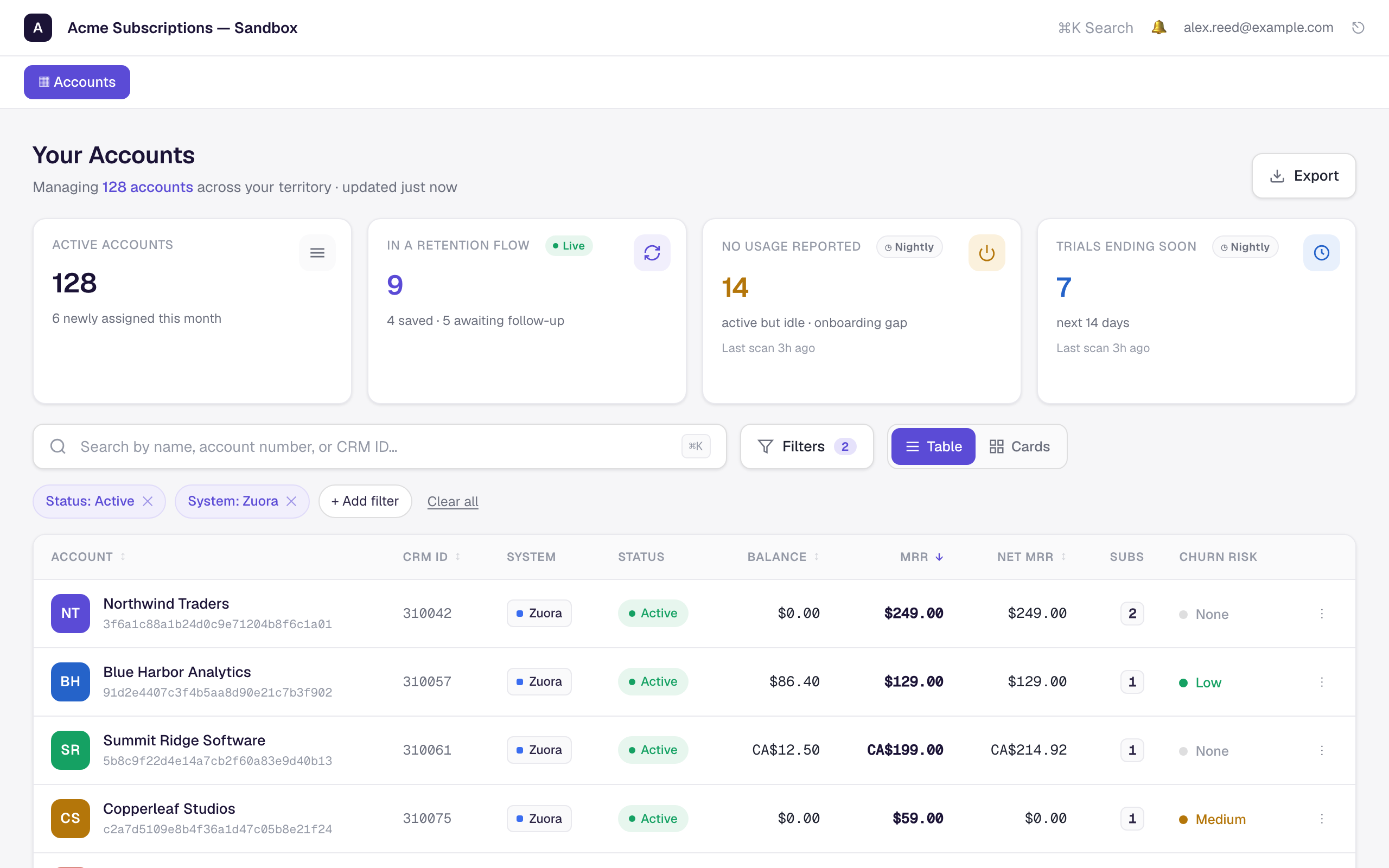 The Your Accounts workspace with four summary tiles (live and nightly), a search box, filter chips, and a sortable accounts table with CRM ID, MRR, and churn-risk columns