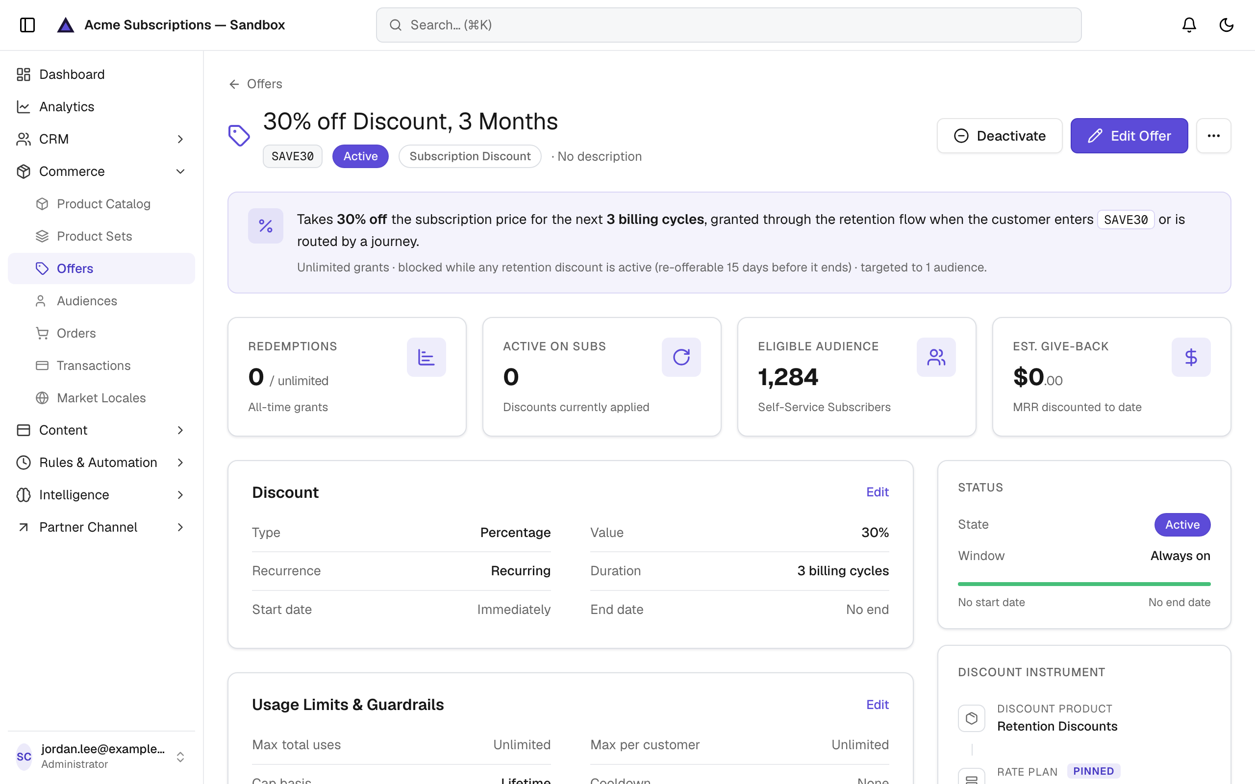 An offer's dedicated page showing its plain-English terms, redemption and audience tiles, the Discount section, and the Discount Instrument rail with a pinned rate plan