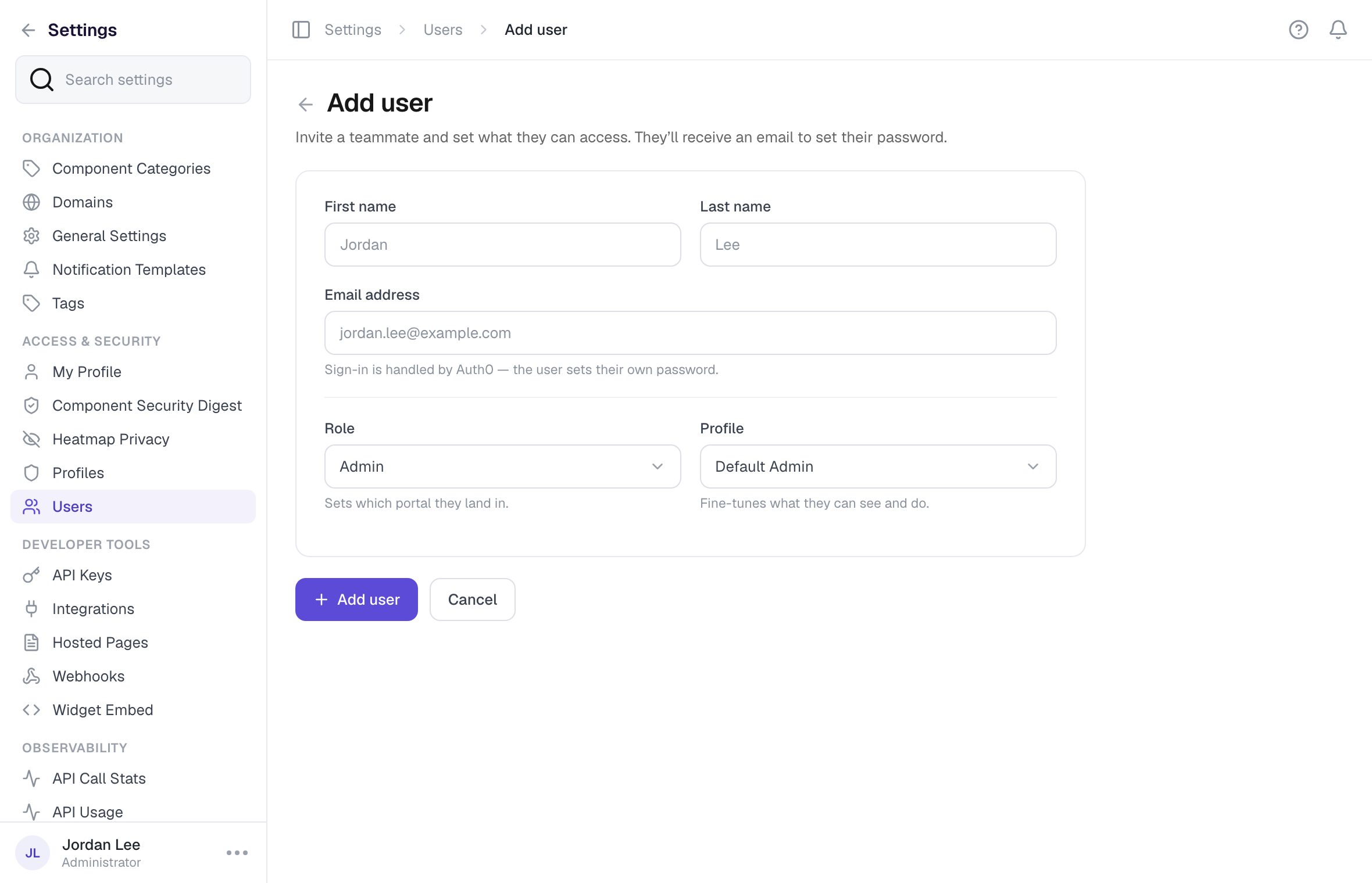 The Add User form under Settings → Users, with fields for first name, last name, email, role, and profile