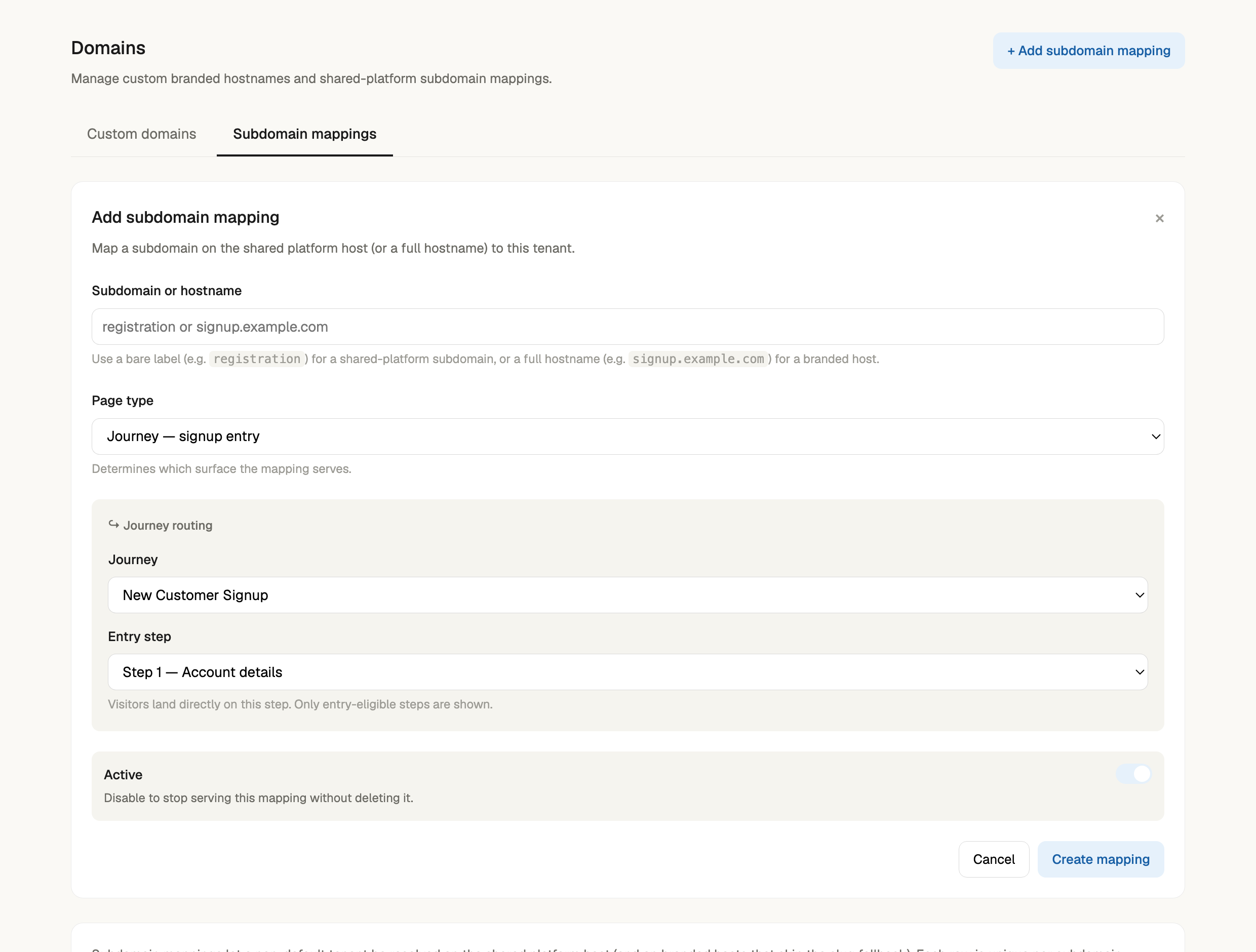 The Add subdomain mapping form: a subdomain or hostname field, a Page type selector set to Journey, and journey-routing controls choosing a journey and the entry step the host lands on