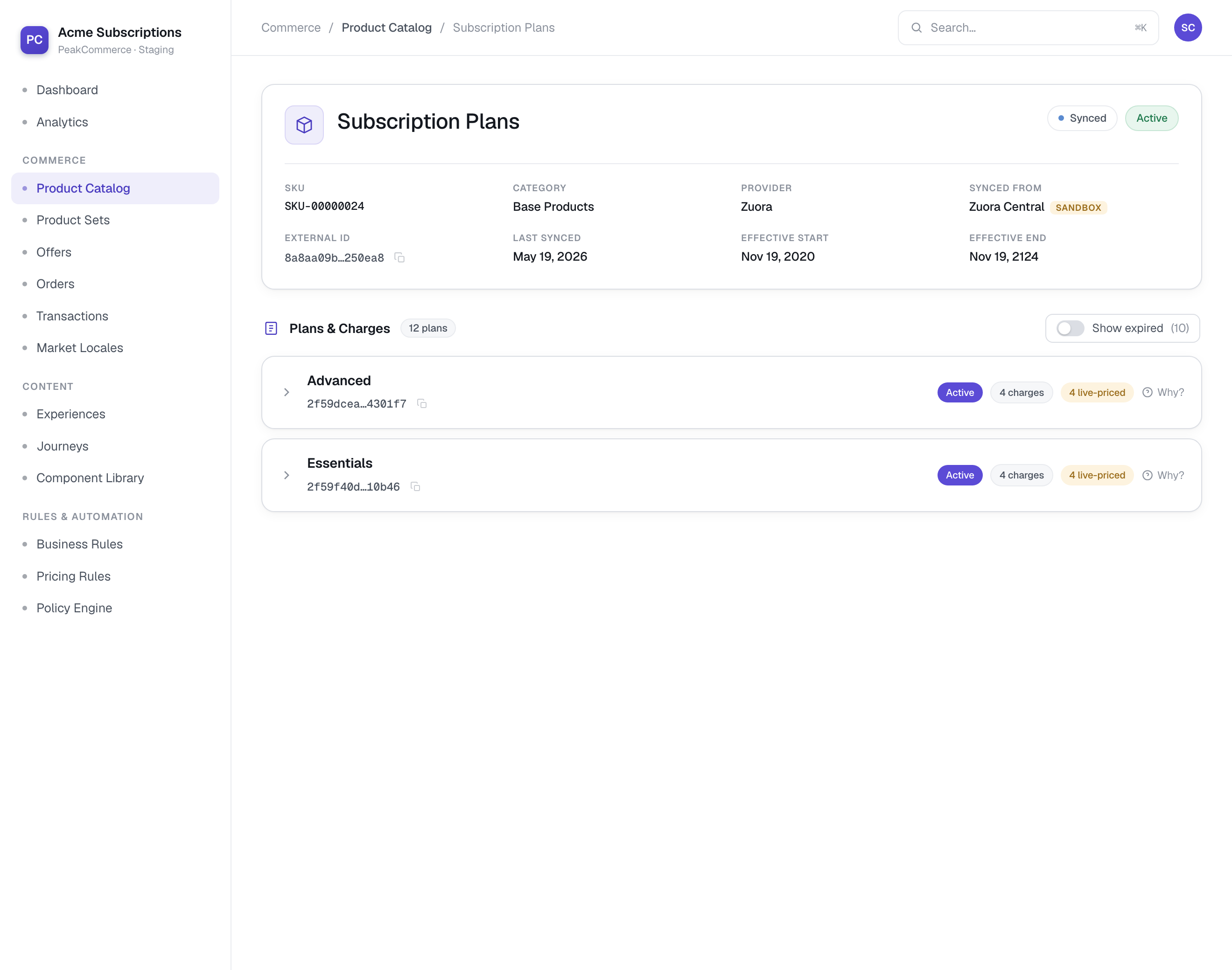 A product detail page showing the product's SKU, category, provider, sync status, and effective dates, with its plans and charges listed below