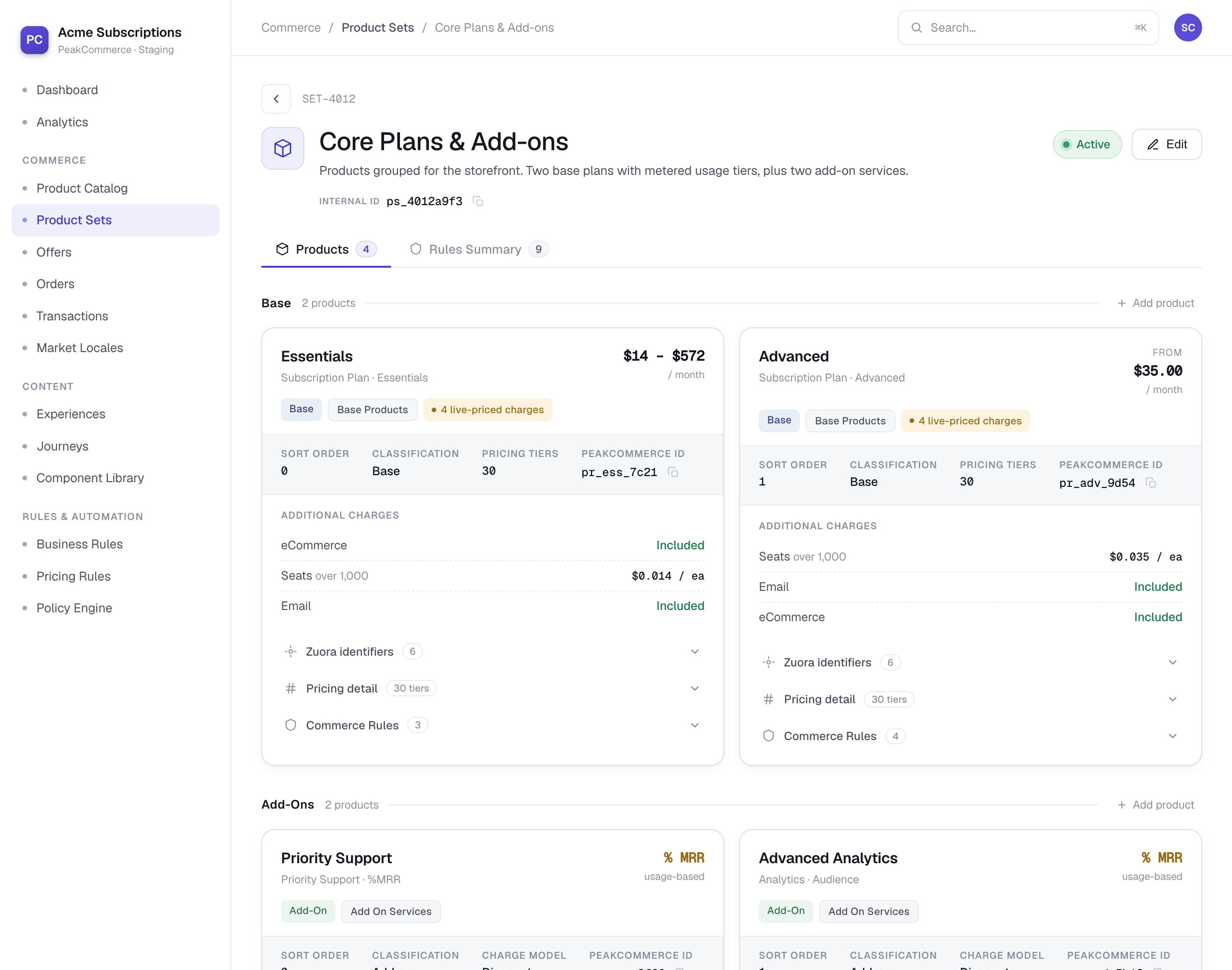 A Product Set detail page with its base products and add-ons, each showing classification, pricing tiers, charges, and commerce rules